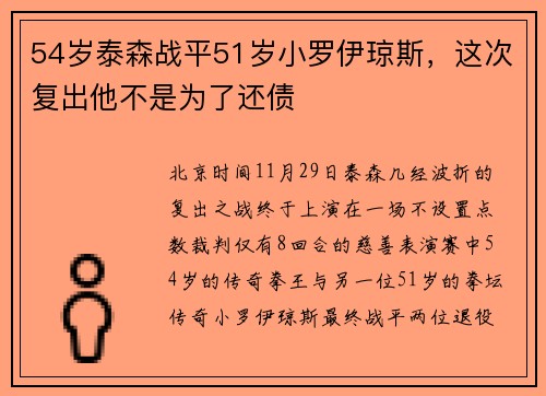 54岁泰森战平51岁小罗伊琼斯，这次复出他不是为了还债
